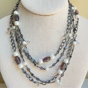 Premier Designs gunmetal tone two strand station necklace faux pearls and beads